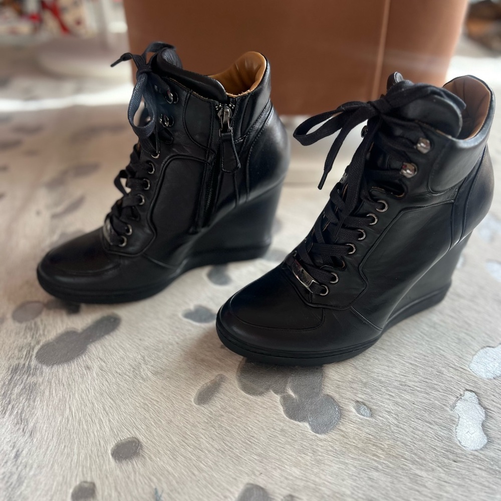 Nando Muzi Black Lace Up Wedge Boots